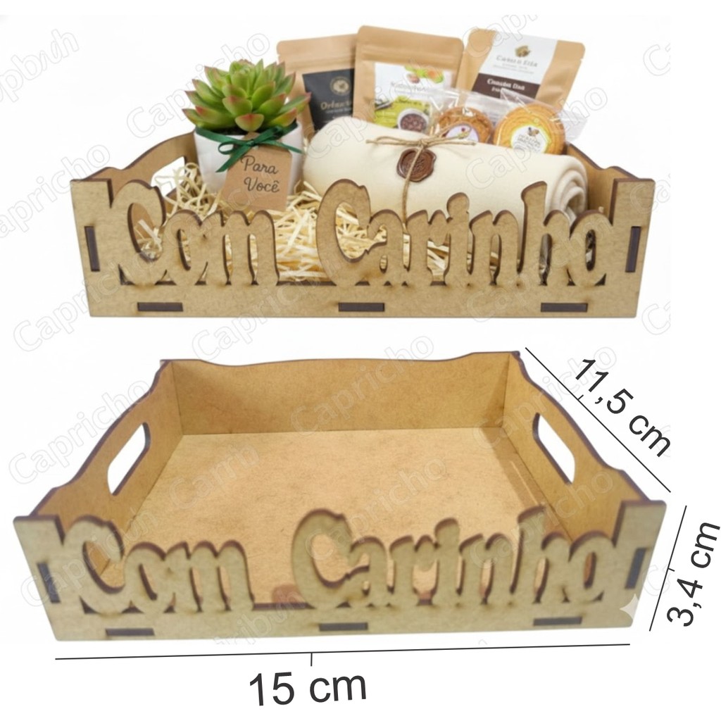 Kit 10 Unidades Cesta MDF Com Carinho Cestinha Bandeja Lembrancinha Festa 15x11x3 cm