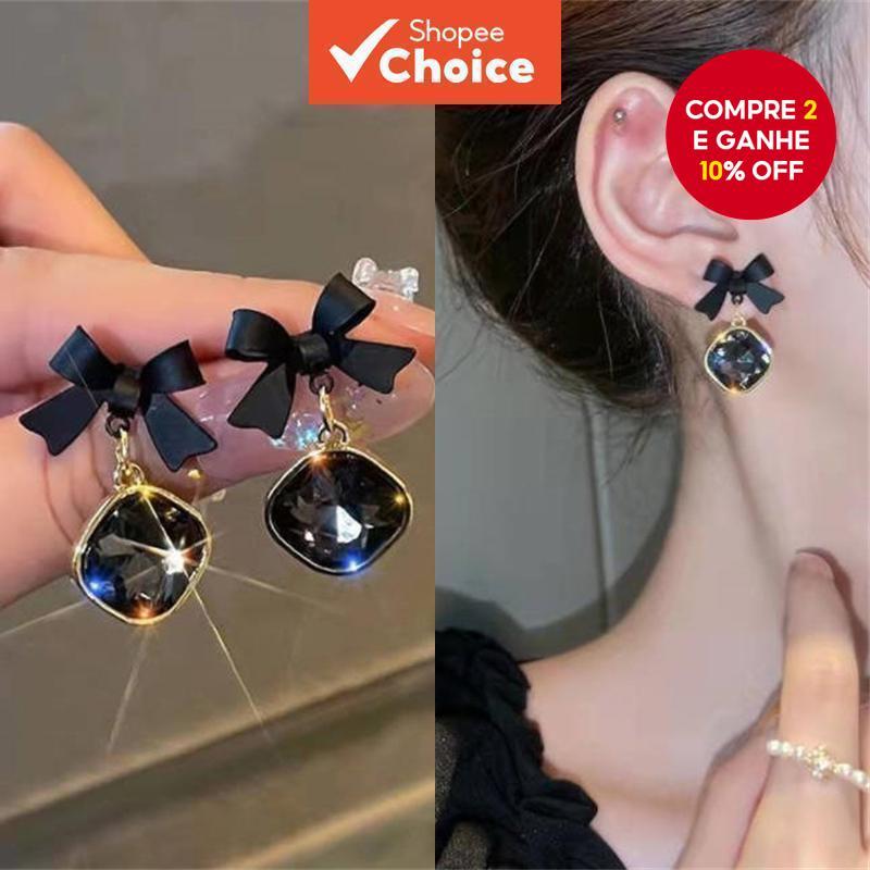 Conjunto De Brincos Geométricos De Strass Preto Para Mulheres – Pendurados Com Laço Moderno Uso Diário/Festa em Oferta na Shopee