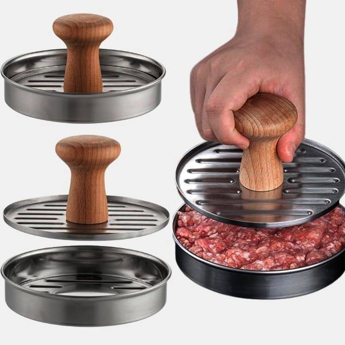 2 Modelador prensa molde hambúrguer 12cm inox cabo madeira - Molde de Hamburguer Artesanal