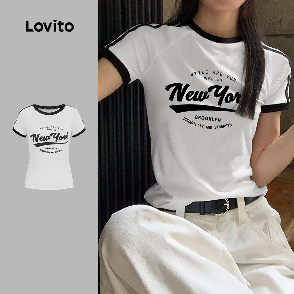 Lovito Camiseta Casual Colorblock Primavera/verão Branco Off para Mulheres L164ED366 em Oferta na Shopee