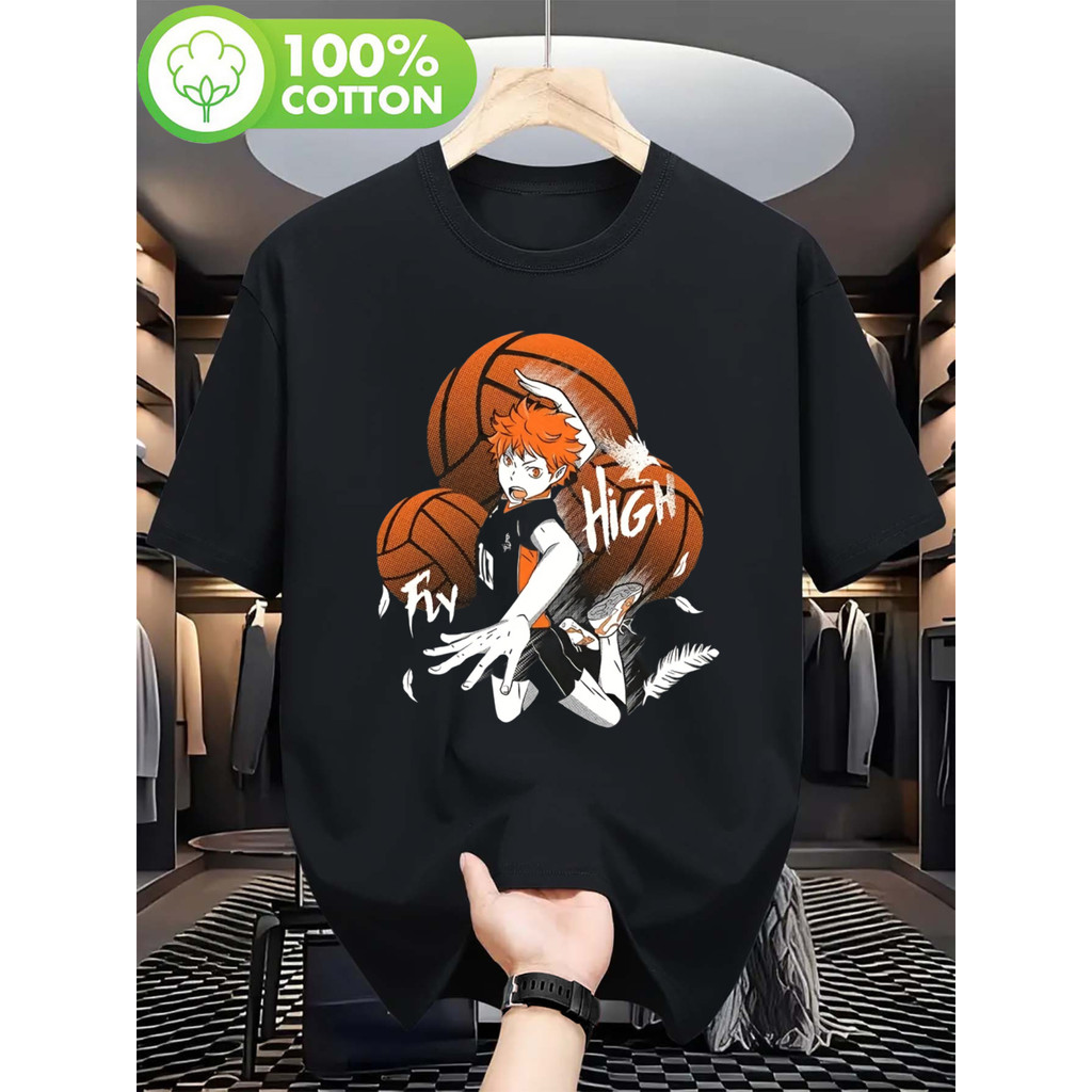 Camiseta Masculina Haikyuu Karasuno Hinata Anime Vôlei Gráfico Oficial Algodão Confortável Estilosa Moderna Casual