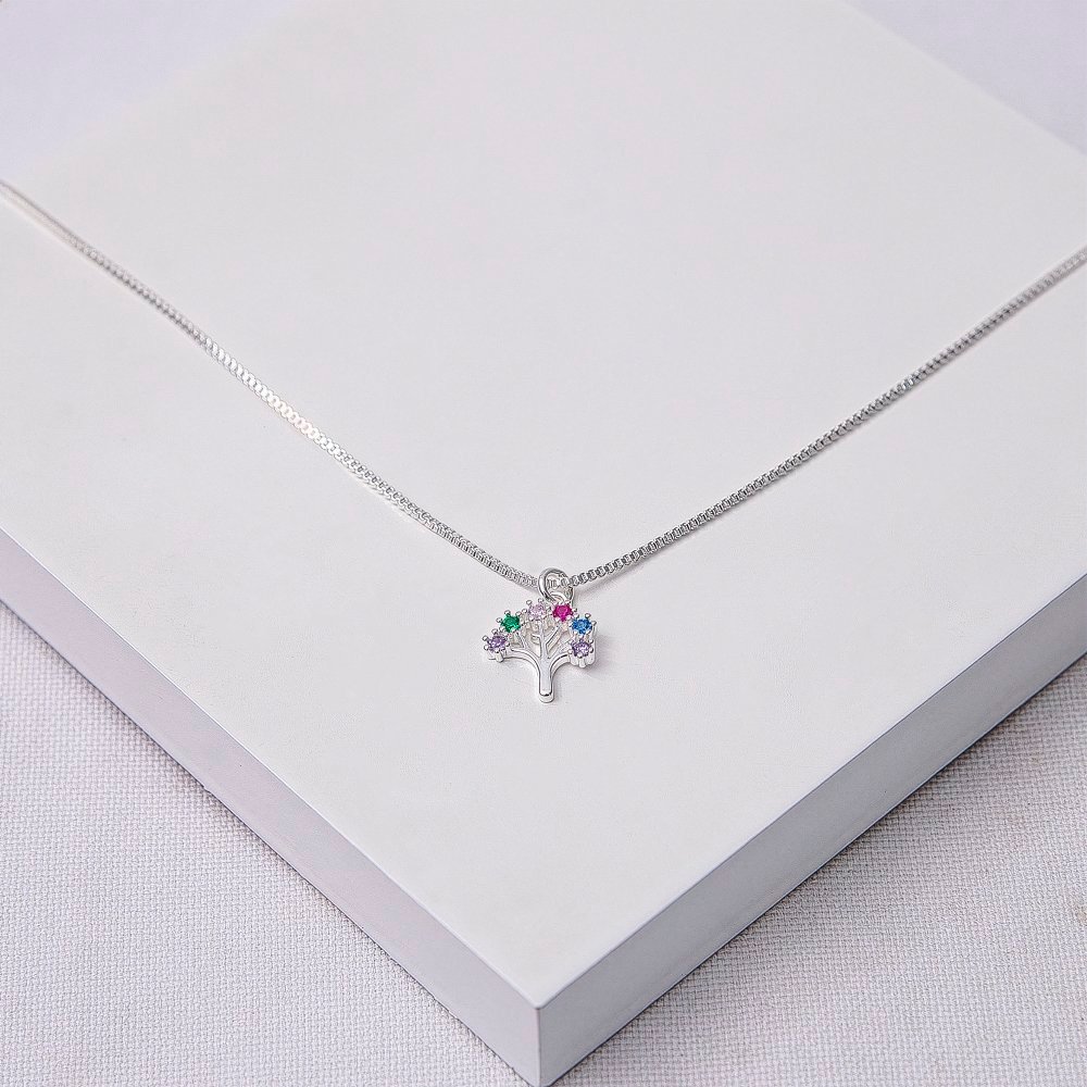 Colar Veneziana Folheado a Prata com Pingente Árvore da Vida e Zircônias Coloridas