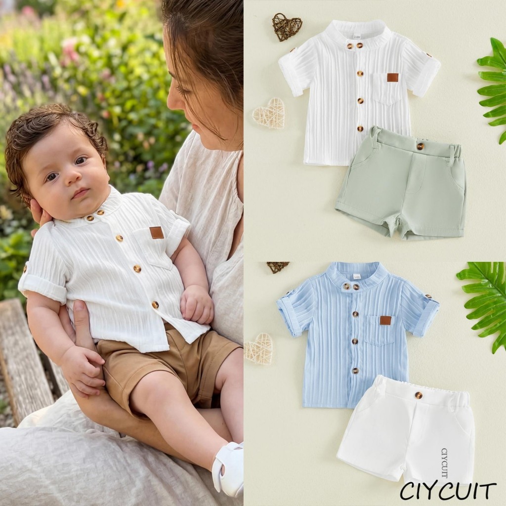 [CIYCUIT] Conjunto Listrado De Botões Para Bebês Meninos , Camiseta De Manga Curta E Shorts Elásticos , Roupas De Verão