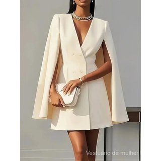 Vestido Midi Feminino Elegante para Escritório e Festa, Estilo Blazer, Liso, Transpassado, com Decote em V e Manga Capa 