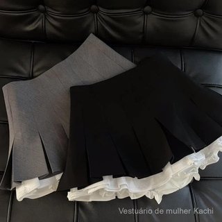 Saia mini preta com babados Mexzt y2k para mulheres, saia plissada em patchwork coreano, saia A-line de cintura alta est