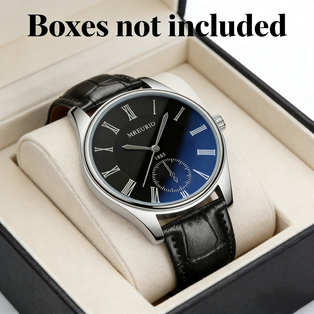 Relógio casual masculino de quartzo elegante de couro genuíno azul escuro com moldura e ponteiros prateados presentes