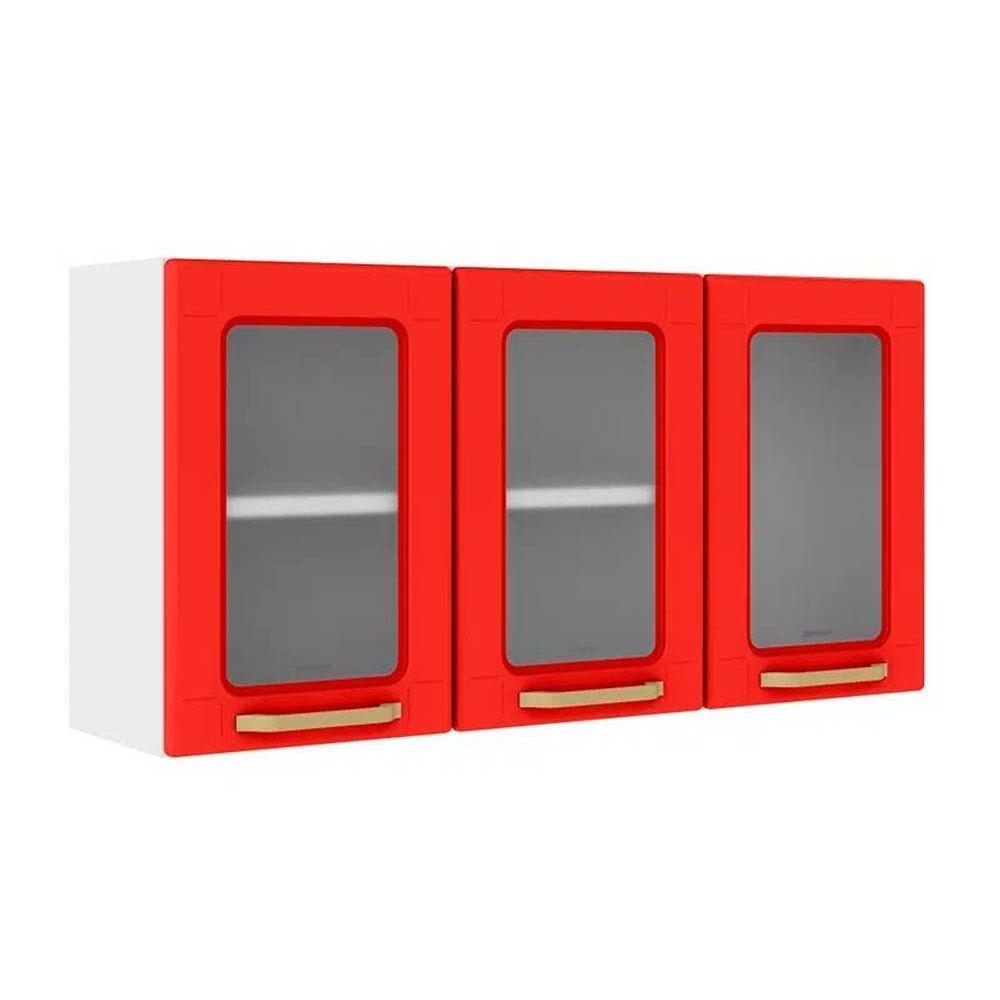 Armário Aéreo p/ Cozinha Colors 6010 3 Portas c/ Vidro 105cm Branco/Vermelho - Bertolini