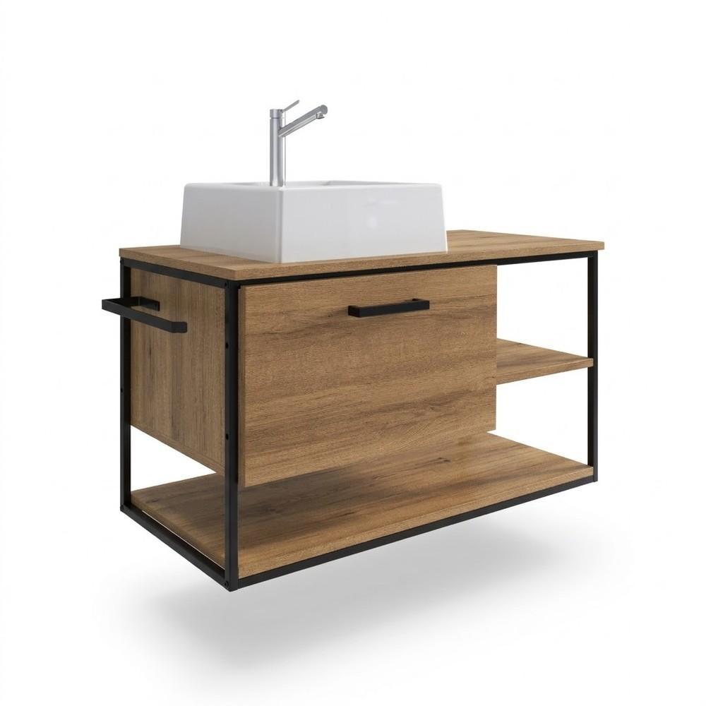 Gabinete Suspenso Banheiro PlacaEPonto Mel 80cm Com Cuba Preto/Mel