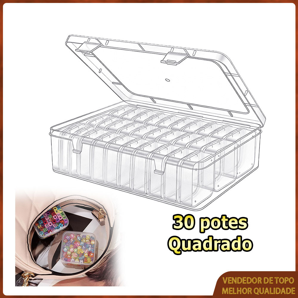 Caixa para guardar miçangas 30 potes quadrado caixa de plástico transparente com tampa caixa decorada com strass