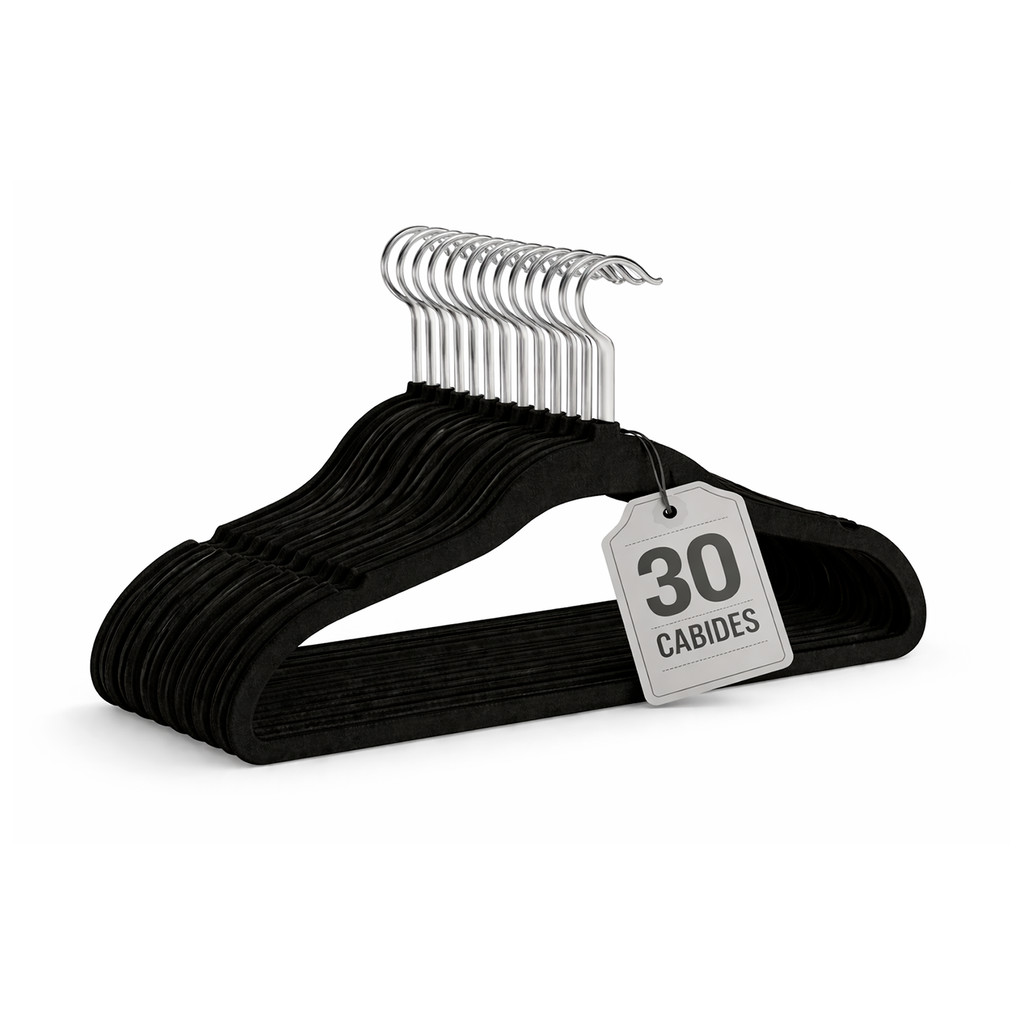 Kit Cabides De Veludo 30 Uni Slim Gancho Giratório Preto