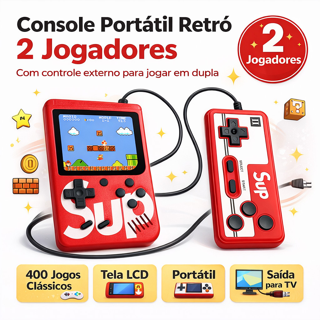 Mini Game Portátil Retrô 2 Jogadores com Controle e Saída AV para TV