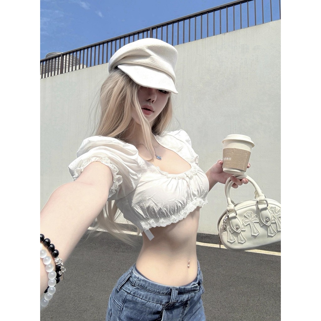 Camiseta curta de renda branca manga bufante feminina verão Slim fit Design Sexy menina quente puro desejo manga curta T
