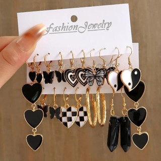 Conjunto de brincos 5 peças preto pêssego coração brincos em forma de C conjunto de brincos xadrez conjunto de 5 peças