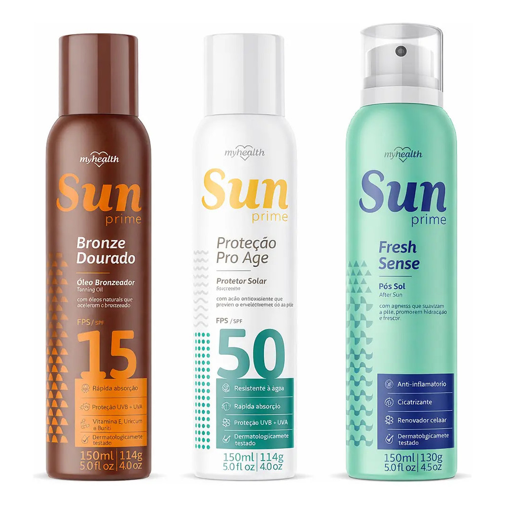 Kit Completo Proteção Spray Protetor Solar Aerossol FPS 50 + Bronzeador 15 + Pós Sol MyHealth