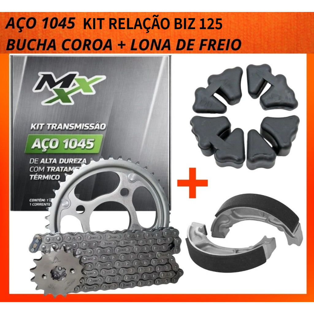 Kit Relação Completo Transmissão 14/34 Moto Biz 125 Aço1045  Lona Freio + Coxim Coroa + Patin 0,25