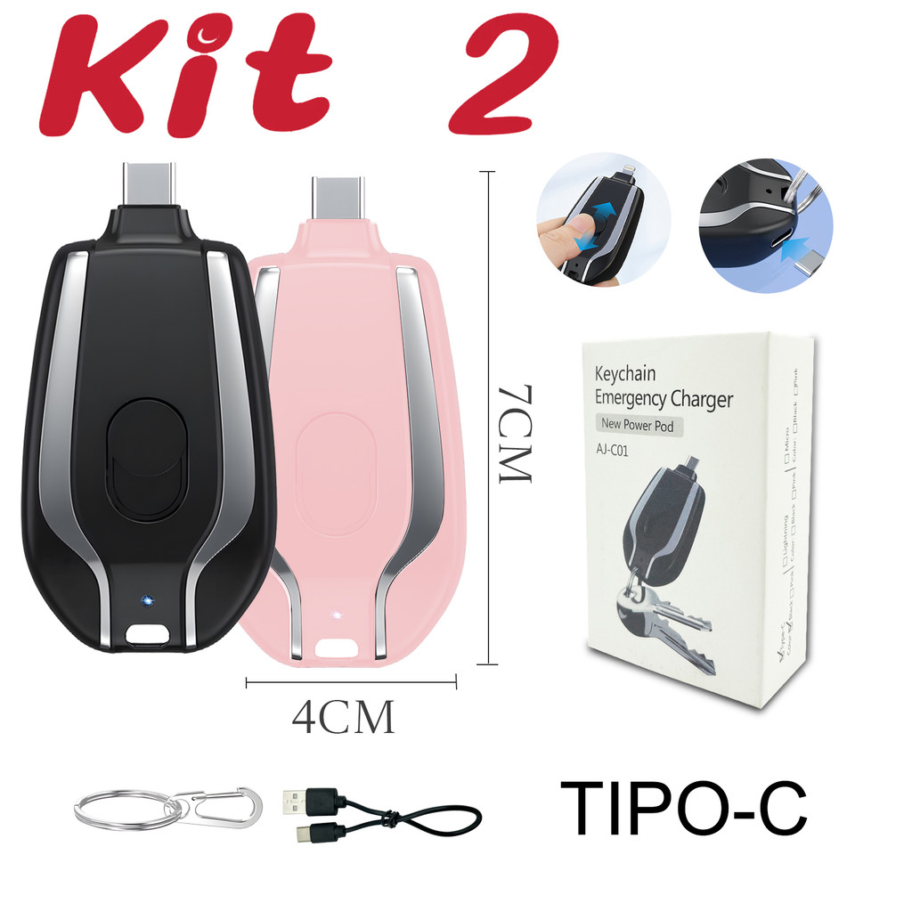 Kit 2 Mini Carregador de Chaveiro Portátil 1500mAh Ultra-Compacto Carregamento Rápido para TIPO-C