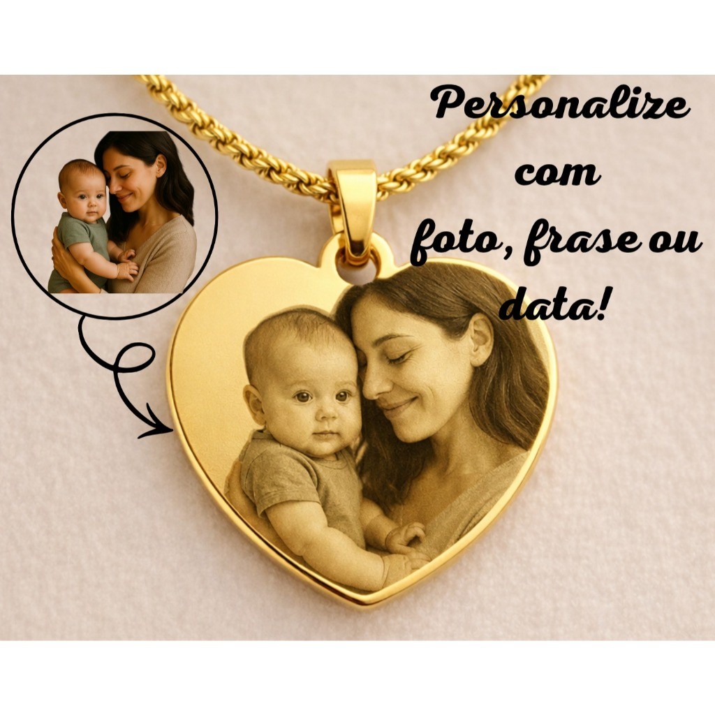 Colar Coraçao em Aço Cor Ouro 18K e Prata Personalizado a Laser com Fotogravação, Frases, Simbolos, Iniciais.