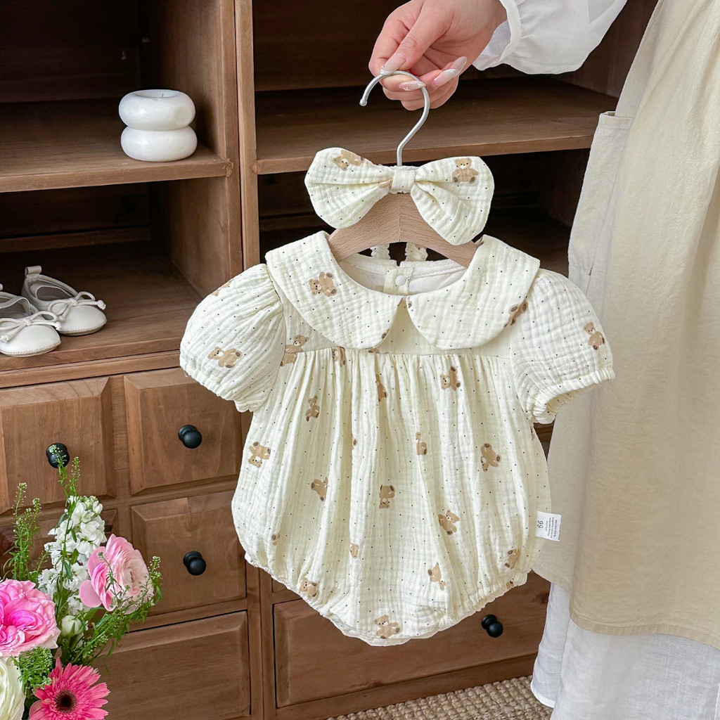 Roupas de bebê 2026 verão bonito bebê mês inteiro roupas de bebê de manga curta gaze impressa triângulo escalada roupas 