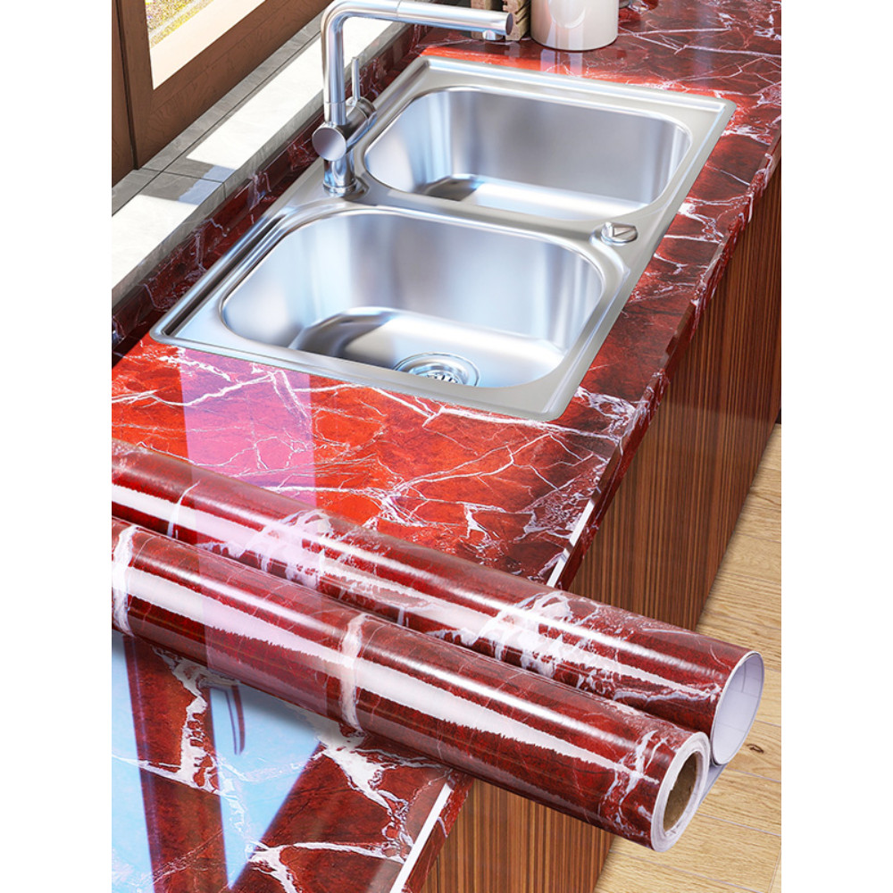 Adesivo à prova d'água para cozinha espessada, adesivo de imitação de mármore, filme de fogão vermelho violeta, papel de