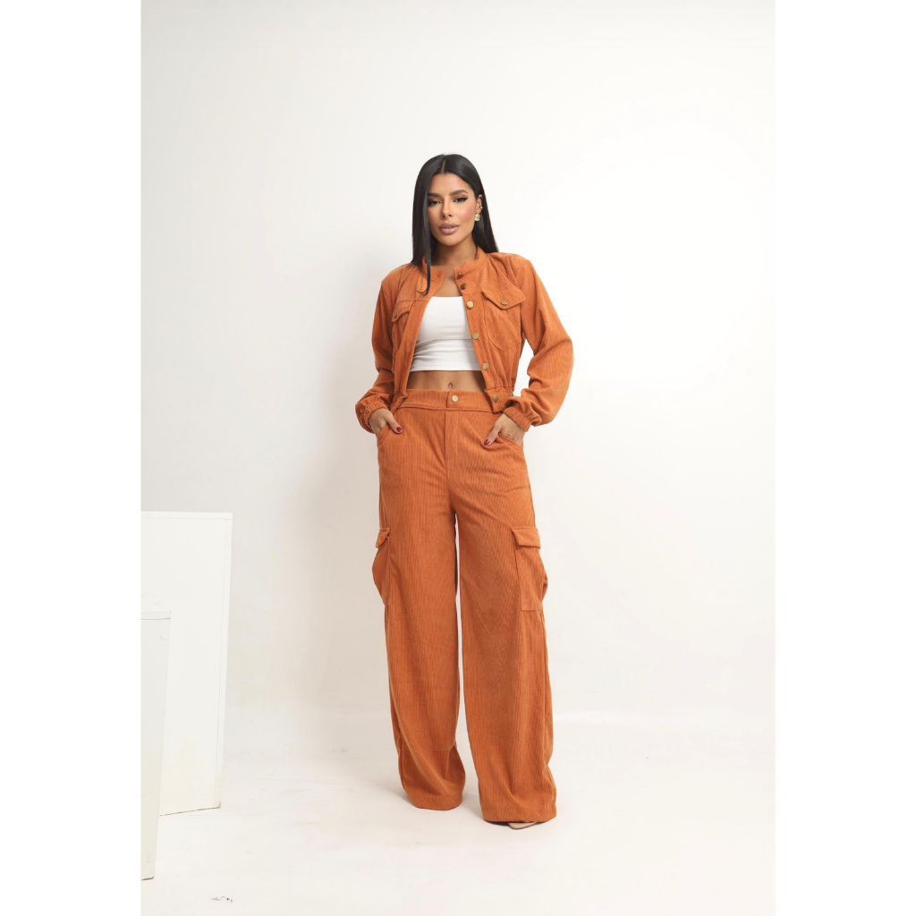 Conjunto feminino veludo cotele calça e blusa de frio com botão moda inverno