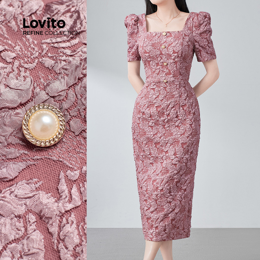 (Lovito Refine) Vestido Elegante Pérolas Estrutura Linha Primavera/verão Vestido Rosa para mulheres LR26E006 em Oferta na Shopee