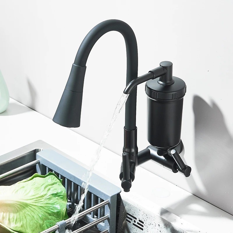 Torneira com Filtro Parede Cozinha Gourmet Flexível Abs 1/4 Volta Preta Luxo Purificador