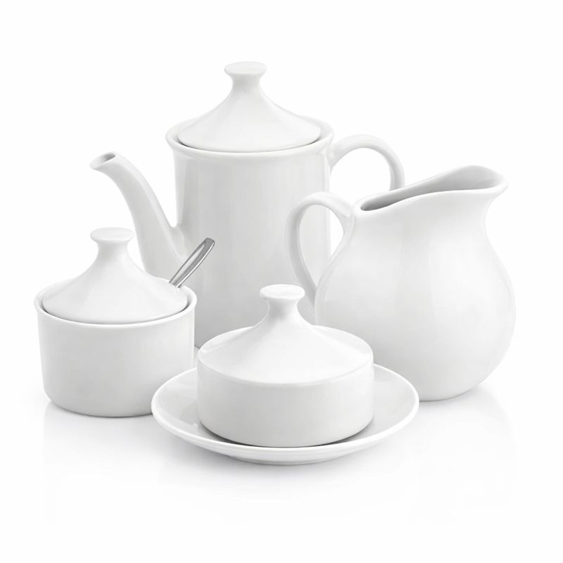 Kit Jogo Porcelana Branca 4 Peças Bule, Leiteira, Açucareiro e Manteigueira Cozinha Mesa Posta
