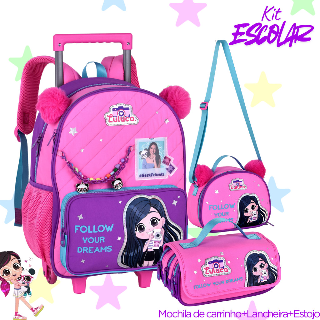 KIT ESCOLAR LULUCA LULUQUINHA COM RODINHAS LANÇAMENTO 2026 MOCHILA ESTOJO E LANCHEIRA