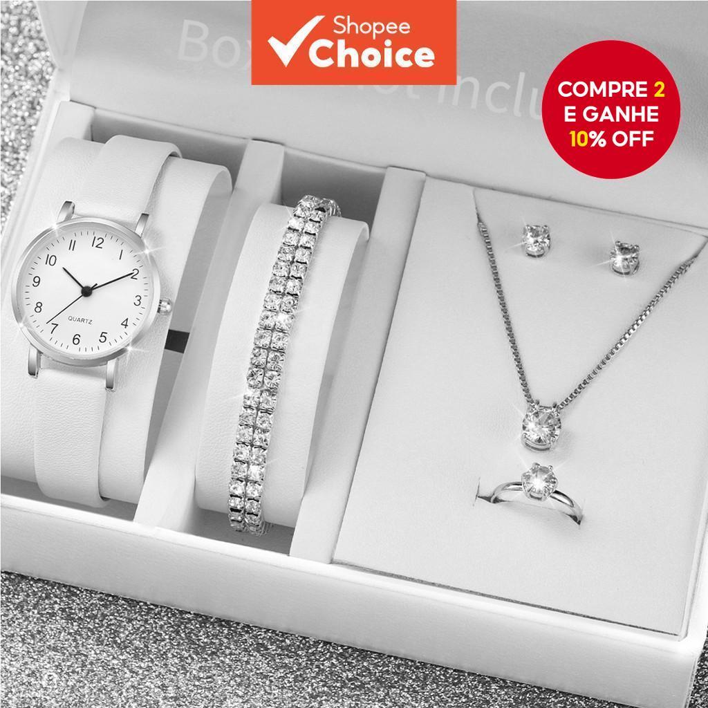 Conjunto De Relógio Feminino 6 Peças , Pulseiras De Couro De Quartzo , Joias Com Strass , Pulseira Elegante , Acessório em Oferta na Shopee