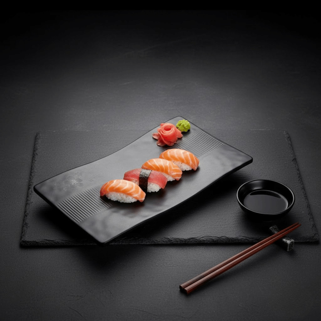 Kit 4/6 Travessa Melamina Enrugada Ondulada p/ Sushi 28cm Kampai Premium - Bestfer / Mesa Jantar