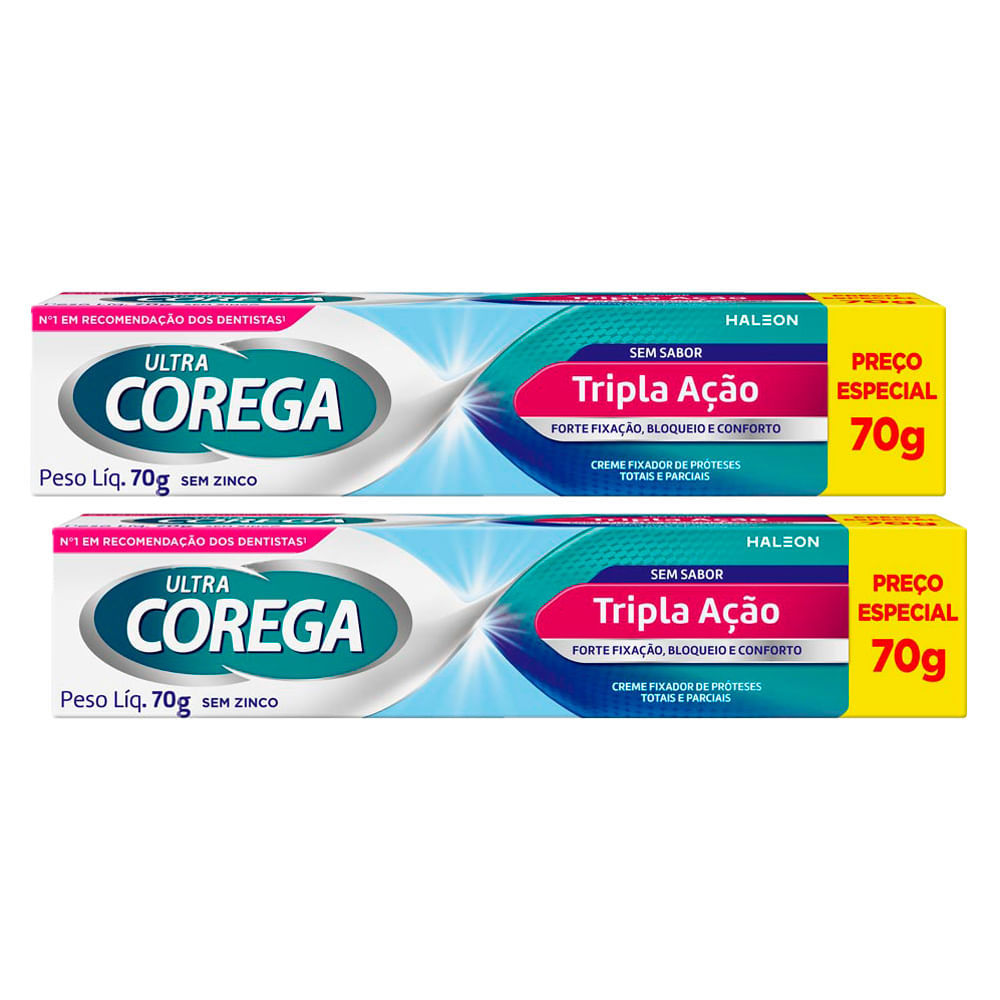 Kit 2 Corega Ultra Creme Fixador de Dentadura Sem Sabor Tripla Ação Sem Zinco 70g em Oferta na Shopee