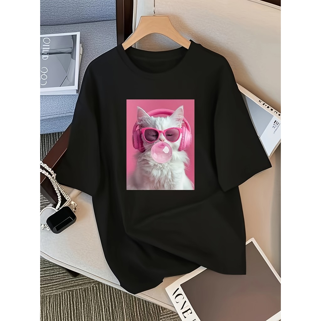 BR.Moonlight Camiseta Gato Pink Óculos Divertida Elástica Poliéster Macia Confortável Fofa Verão