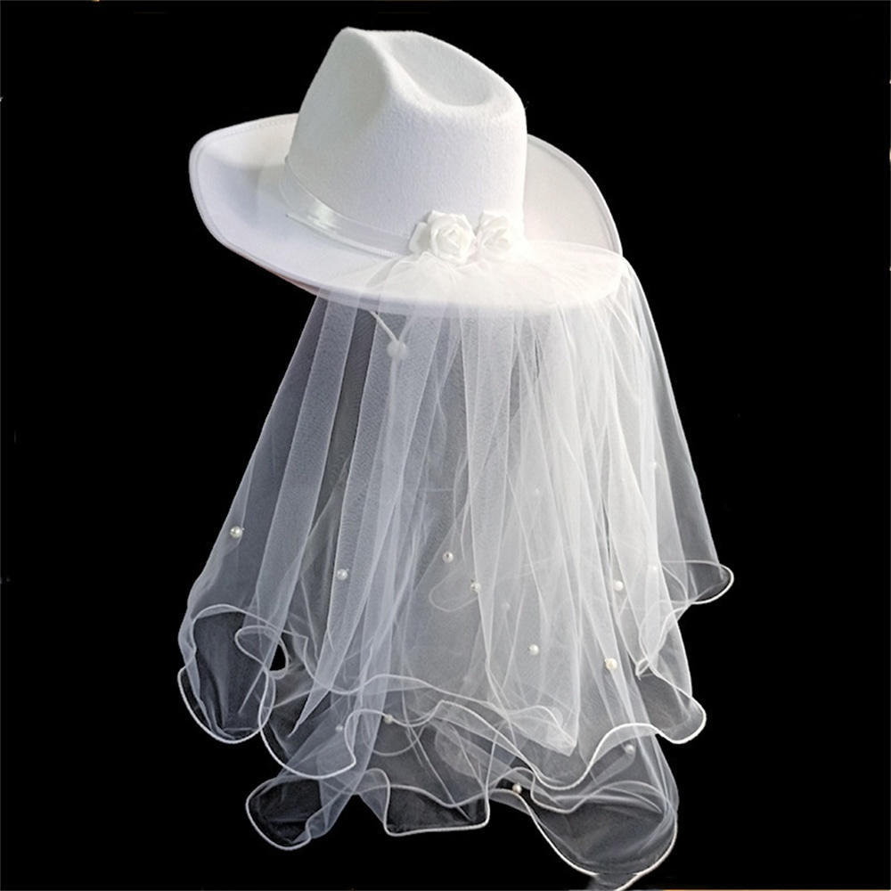 Mulheres Noiva Cowgirl Chapéu Com Véu De Pérola Brilhante Branco Fedora Elegante Chapéus Para Festa De Casamento Foto Tr