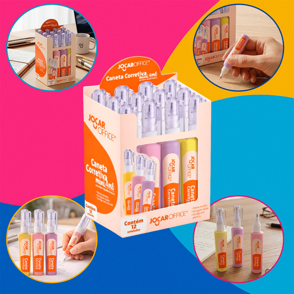 Kit 3 a 12 Mini Caneta Corretiva Material Escolar 4ml Branquinho Colorido Escritório Ponta de Metal