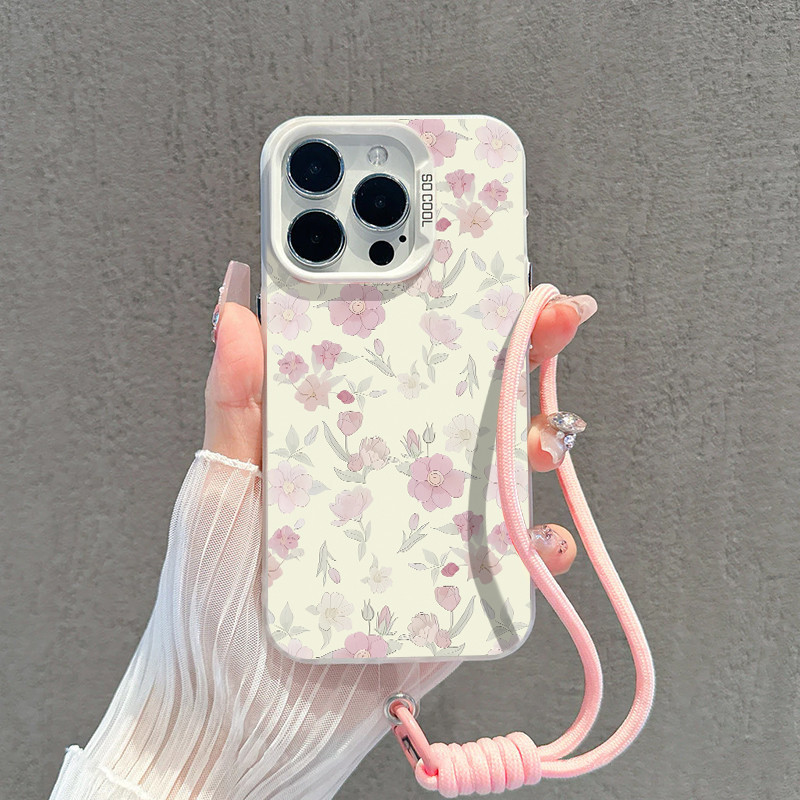 Capinha capa Flores cor-rosa Sonhadora iPhone 17 11 12 13 15 14 16 Pro Max Xr Xs Max 7+ 8+ pulseira rosa Capa TPU choque