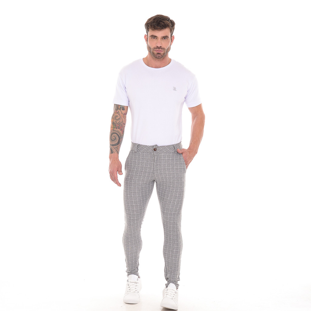 Calça Masculina Slim Fit Xadrez Premium Casual Social