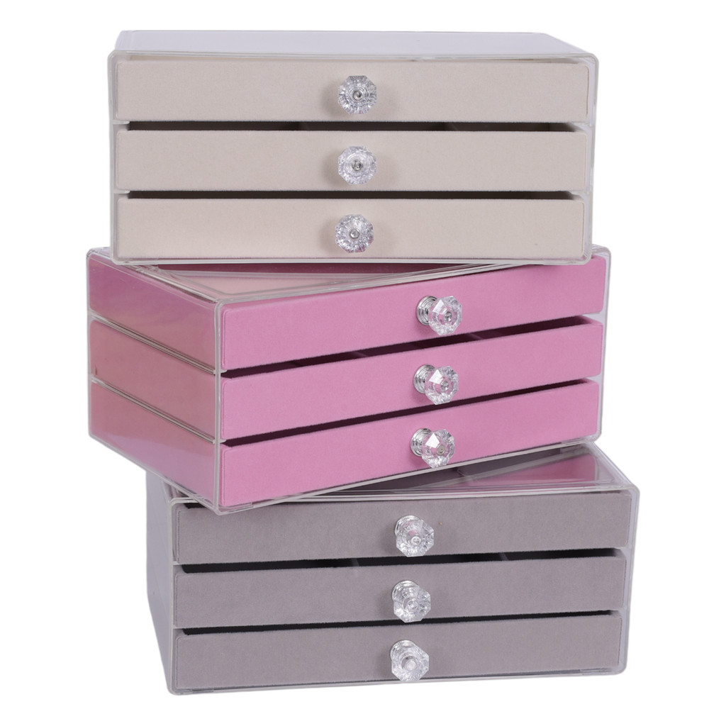 Porta Jóias Acrílico Luxo de Veludo com 3 Gavetas para Anéis, Pulseiras, Colar