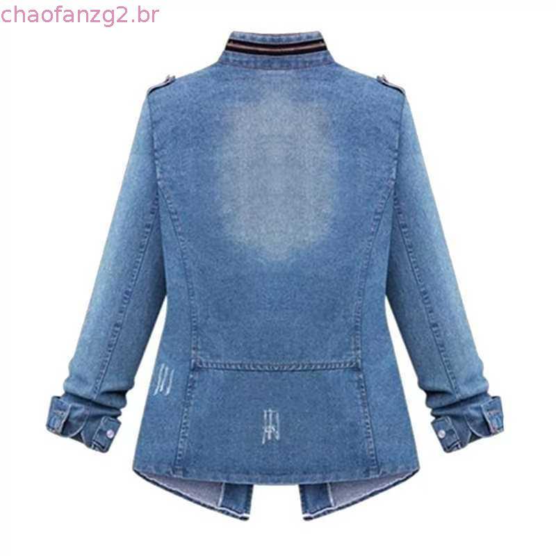5XL Plus Size Feminino Manga Longa Jaqueta Jeans Primavera E Outono Casual Sólido Fino Bolso Casaco