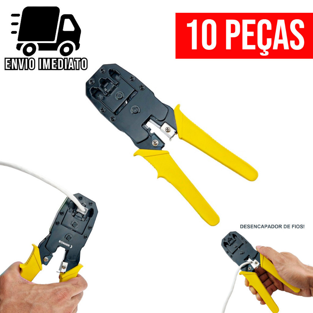 Kit 10 Alicate Crimpar Terminal RJ45 RJ11 e RJ12 Decapador Cabo de Rede Crimpador