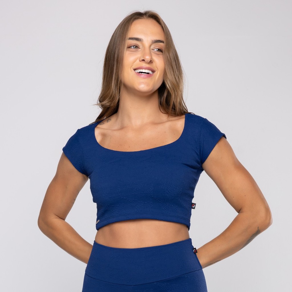 Top Cropped Feminino Fitness Camisetinha Jacquard Poliamida Confortável Casual Tecido textura Bojo
