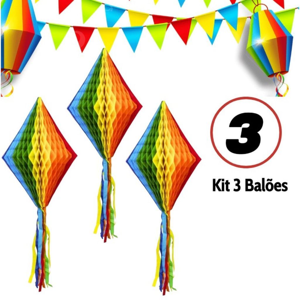 Kit 3 Enfeite Festa Junina Balão Papel Colorido 30cm e 40cm Com Franja Losango Decoração Arraial Juliana
