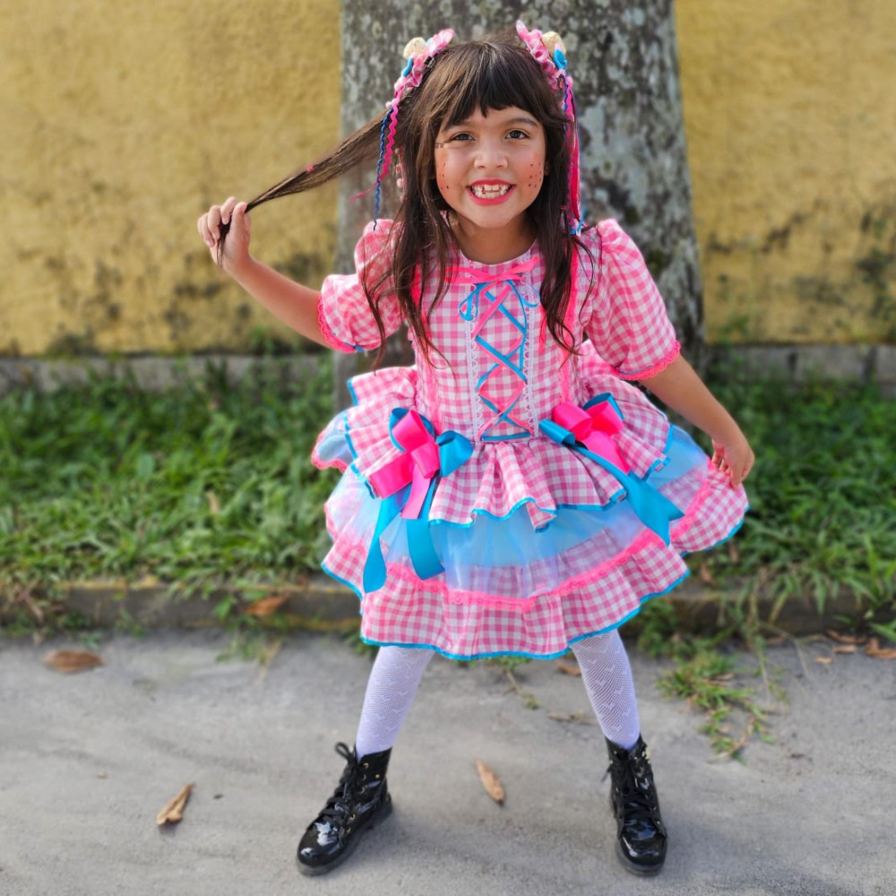 Vestido Festa Junina  Caipira São joão Luxo Rodado Infantil Quadriculado Xadrez Rosa Menina