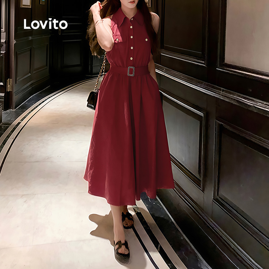 Lovito Elegante Vestido Com Botões E Bolsos Cor Vinho Para Primavera/verão LK2ED823 · foto 2