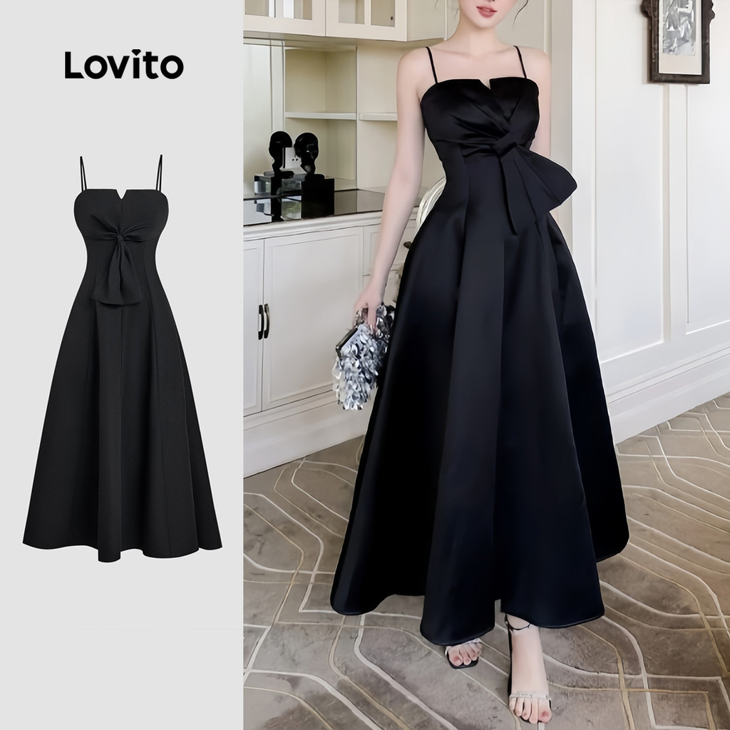 Lovito Vestido Preto Elegante com Textura Frontal para Mulheres Confortável e Estiloso para Primavera/Verão L178ED2061 em Oferta na Shopee