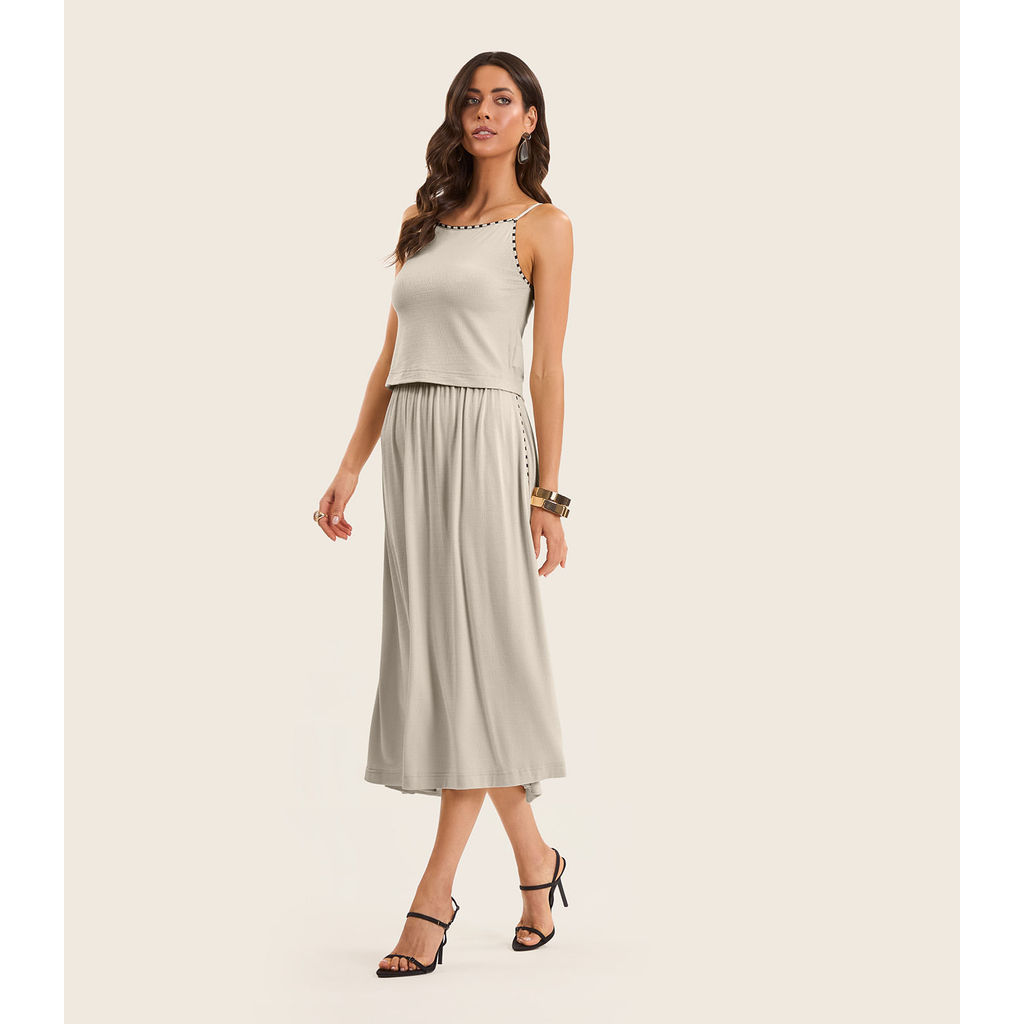 Conjunto Feminino Blusa Com Saia Midi Endless Bege