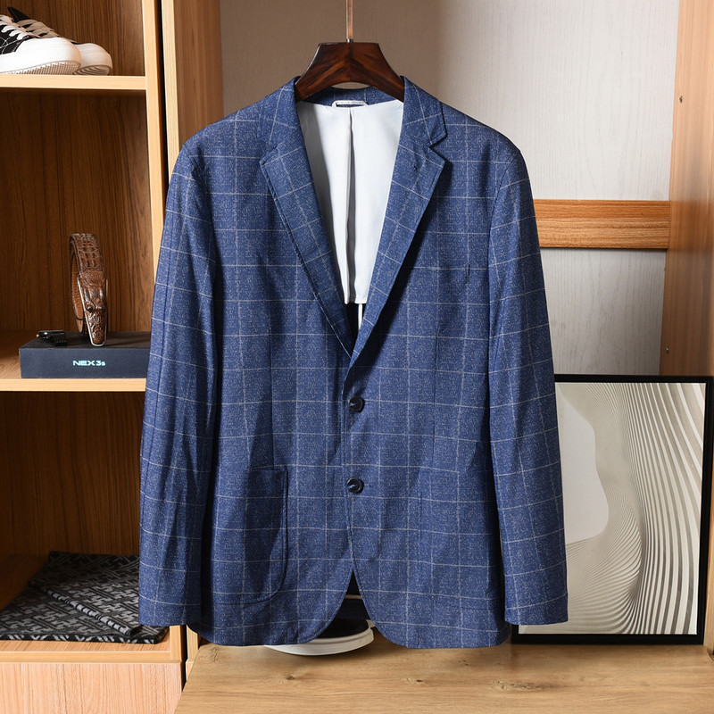 Etiqueta de corte masculina, roupa azul-cinza xadrez cavalheiro Slim fit terno masculino primavera moda All-match pele-a