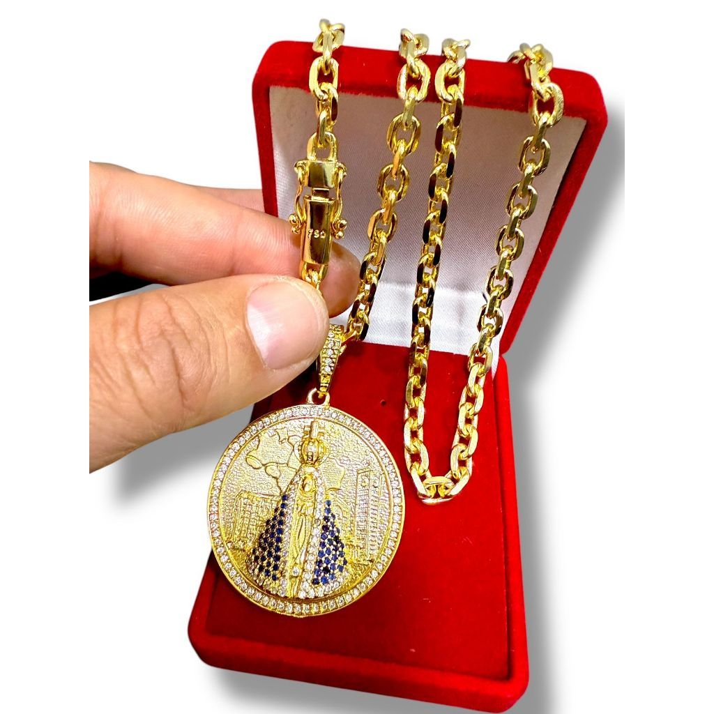 Cordão Masculino Cadeado 5 mm Liga de Moeda Antiga Banhada A ouro 18k Pingente Nossa Senhora