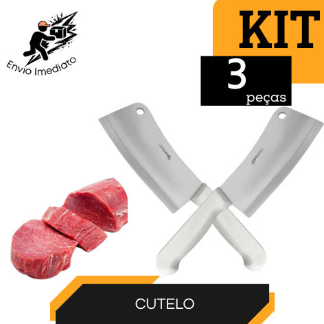 Kit 3 Cutelo Profissional Aço Inox Machadinha Robusta para Corte de Carne