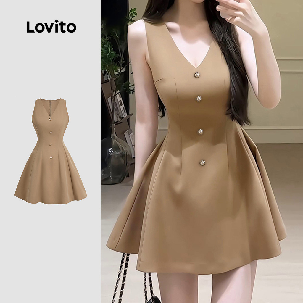 Lovito Vestido Elegante com Botões Na Frente Linha de Estrutura Pérolas Primavera/verão Vestido caqui L138ED427