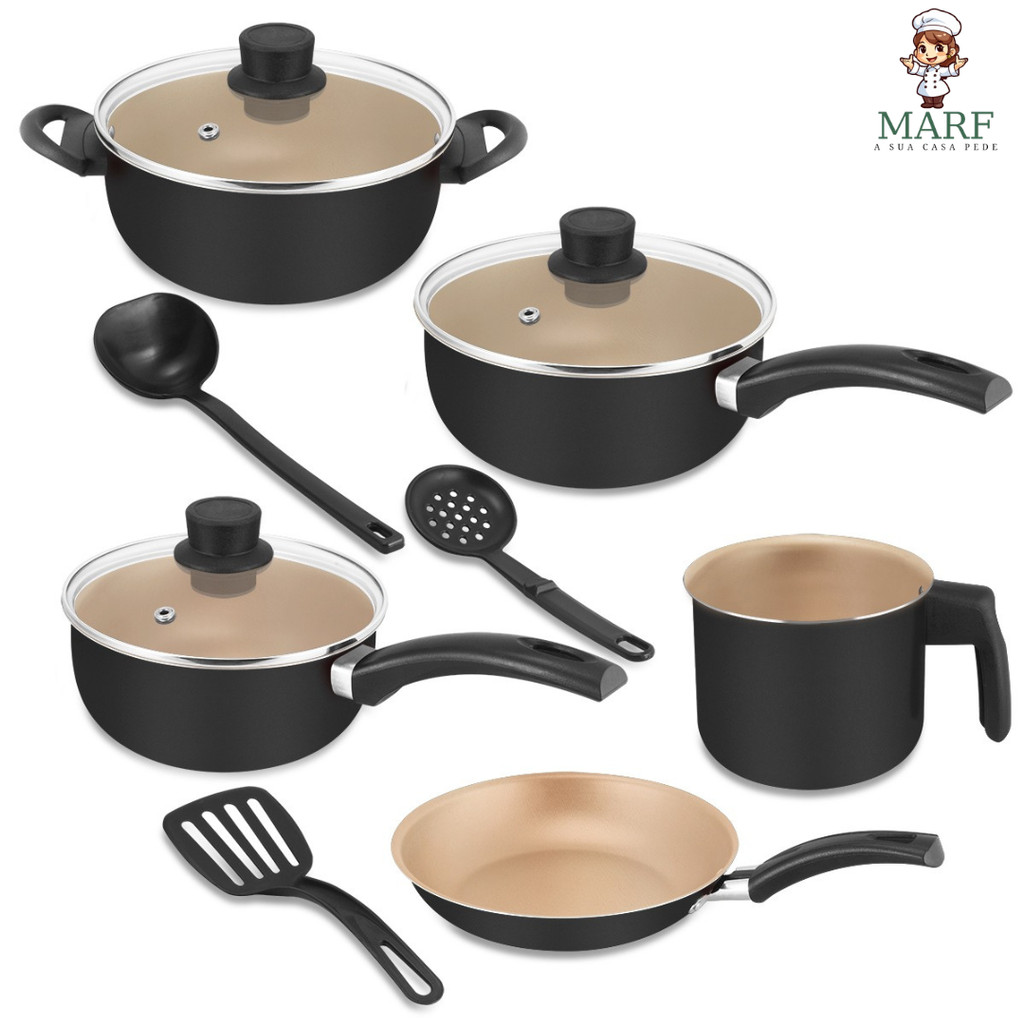 Imagem Jogo de Panelas 8 Peças Antiaderente Premium Teflon 5 Camadas com Tampa de Vidro – MARF